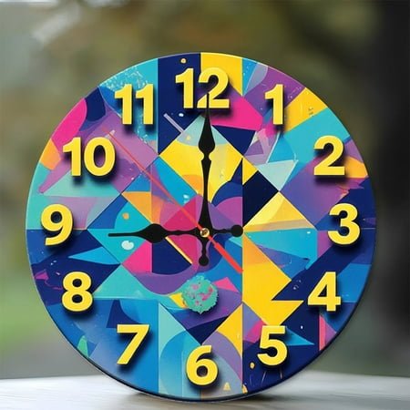 Geometric Abstract Wall Clock Colorful Modern Home Decor 10-Inch Silent Wooden Wall Clock, Battery Operated (AA Batteries Not Included), Artistic Home Decor