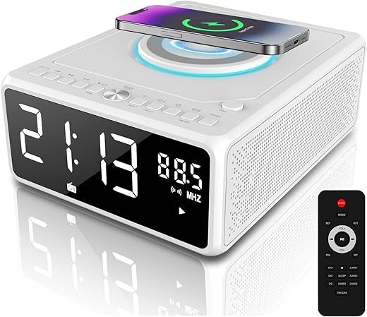 G Keni Elegant CD Player, Alarm Clock Radio with Wireless Charging Station, FM Radio (No AM), Bluetooth Boombox with Remote, MP3/USB Music Player, Snooze & Sleep Timer CD Players for Home, AC Powered