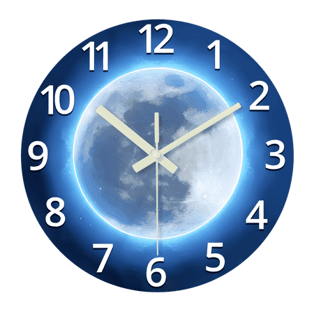 Glow in the Dark Wall Clock 12 Inch Moon Wall Clocks Battery Operated Silent Blue Wall Clock for Living Room Bedroom