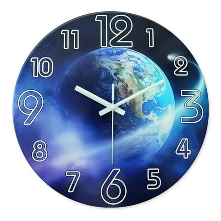 Glow in the Dark Wall Clock for Bedroom - Blue Earth Wall Clock Battery Operated 14 Inch - Slient Wall Clock for Kids