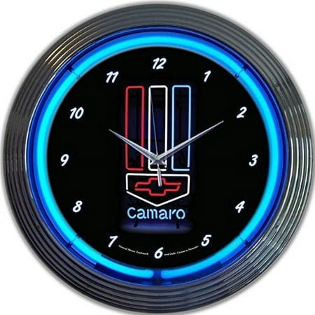 GM Camaro Red White Blue Genuine Electric Neon 15 Inch Wall Clock Glass Face Chrome Finish USA Warranty