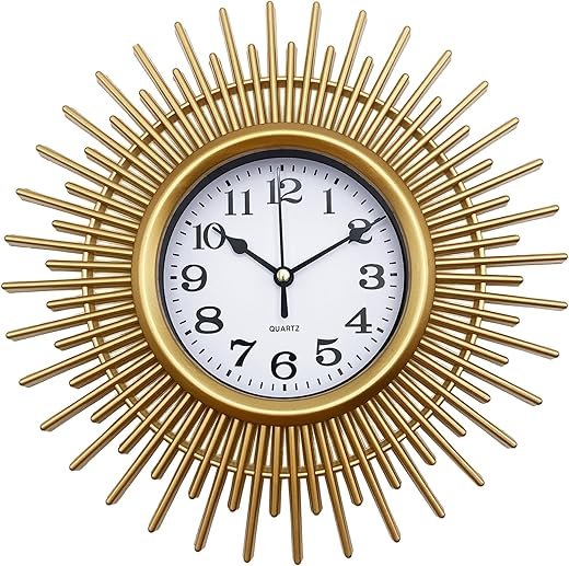 Gold Sunburst 10 Inch Small Wall Clock Battery Operated, Modern Boho Decorative Wall Clock for Living Room, Bedroom, Kitchen, Office, Bathroom