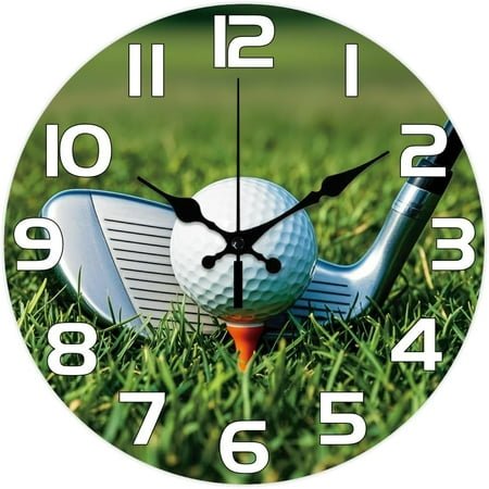 Golf Balls Pattern Wall Clock 12 Inch Golf Clubs Non-Ticking Clocks Round Wall Hanging Clock Battery Operated