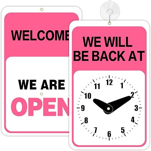 GUEER Will Return Back Sign with Clock Pink for Women, 'We Will be Back' and 'Welcome We are Open' Word on The Dual Sides, Include Suction Cup for Business, Office or Store, Size 9.25 x 5.75 Inch (1)
