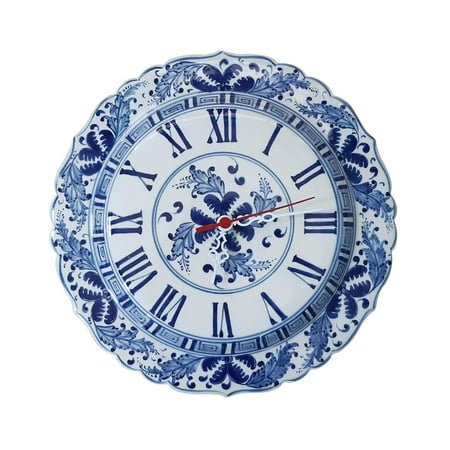 Handmade Ceramic Wall Clock, Chinoiserie Wall Clock, Roman Clock 11.8 inches (30 cm) in Diameter with Clock Mechanism, Bleu-Blanc Clock, Blue and White Clock