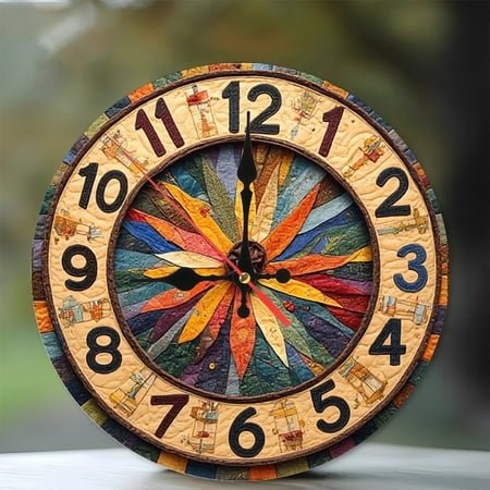 Handmade Quilt Clock Wall Decor Home Decor 10-Inch Silent Wooden Wall Clock, Battery Operated (AA Batteries Not Included), Artistic Home Decor