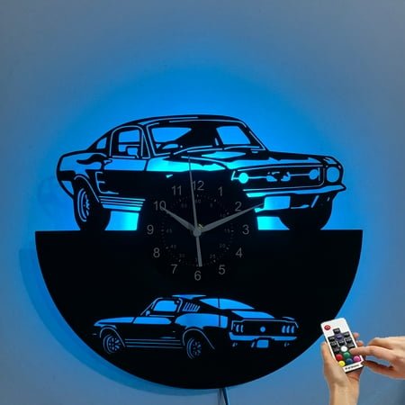 Handmade Vintage Car LED Wall Clock - 7-Color Night Light, Remote Control - Silent, Retro Design - Great for Garage, Living Room - Ideal Gift for Car Lovers (Birthday, Christmas)