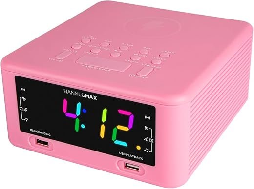 HANNLOMAX HX-206Wi Alarm Clock Radio with Wireless Charger, RGB Color Display, USB Port for Charging and MP3 Playback, Bluetooth, Soothing Sleep Sounds, Aux-in, AC Operation only. (Pink)