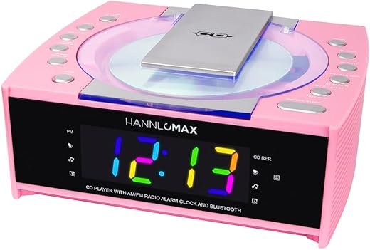 HANNLOMAX HX-336CD CD Player with Alarm Clock Radio, 1.2 RGB LED Display, Bluetooth, Digital Clock with Dual Alarm, Aux-in, AC Operation only. (Pink)