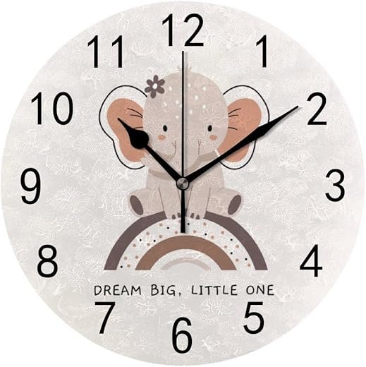 Hapuxt Wall Clock PVC Non Ticking Silent Cute Boho Rainbows Elephant Round Battery Operated Home Decorative Kitchen Office Living Room Bedroom 9.8 Inch