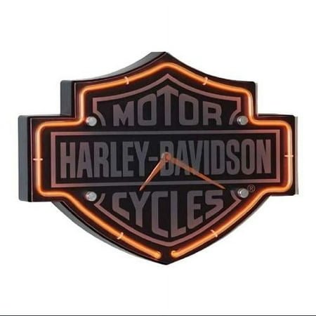 Harley-Davidson Etched Bar & Shield Shaped Neon Clock, Orange Neon HDL-16651, Harley Davidson