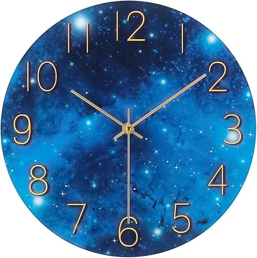 HEOMU Wall Clock, 12 Inch Silent Non-Ticking Wall Clocks Battery Operated, Cosmic Galaxy Pattern Glass Analog Wall Clock for Bedroom Living Room Kitchen Office