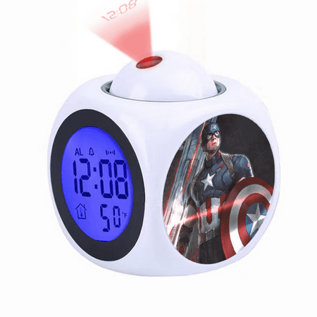 HEXNNHA Digital Alarm Clock, Cartoon Captain_America Pattern Rotatable Projection Clock With Voice Talking LED 12/24 HDigital Time Temperature, Small Desk Clock for Office Bedside, Creativity Gift