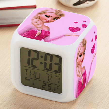 Hfnggwee Digital Alarm Clock for Kids, Cartoon Frozen Pattern 7 LED Color Changing Wake Up Clock with Thermometer Function and Night Light, Gift for Boys Girls A93-552 NZ113-268