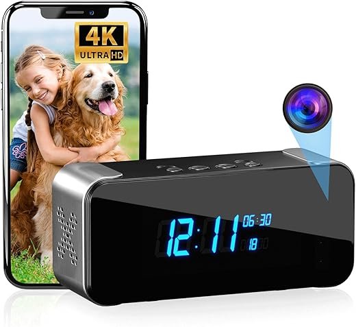 Hidden Camera with Alarm Clock & Bluetooth,Ultra 4K HD Wireless Indoor Camera for Home Security,WiFi Mini Nanny Cam with Night Vision,Motion Detection,Remote Live Stream
