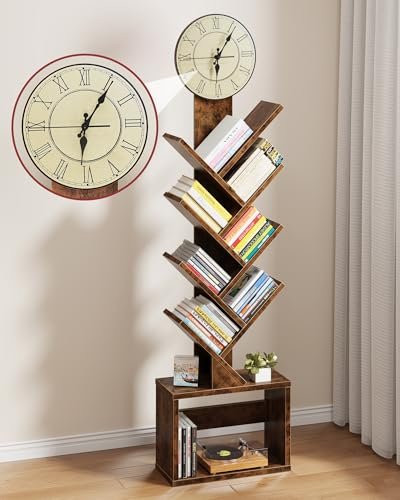 HIGDBFE 7 Tier Tree Bookshelf with Clock and Storage Cabinet, Small Narrow Floor Standing Bookcase for Bedroom, Living Room, Home Office, Rustic Brown