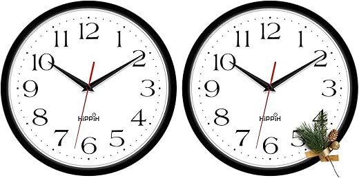 HIPPIH 2 Pack Silent Wall Clock, 10 Inch Non Ticking Quiet Digital Sweep Decorative Battery Operated Wall Clocks for Living Room Bedroom Kitchen School Office Decor, Black