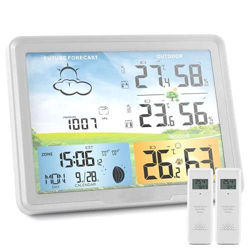 Home Weather Stations Wireless Indoor Outdoor Thermometer, Portable Digital Weather Clock Atomic, Bluetooth Color Forecast Station, Inside Outside Weather Monitor with Alarm(2 Sensors)