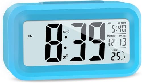 Hooporia Alarm Clocks for Bedrooms,Digital Alarm Clock with LCD Screen,Snooze,12/24H,Battery Operated for Heavy Sleepers Adults Desk Travel Office (Blue)