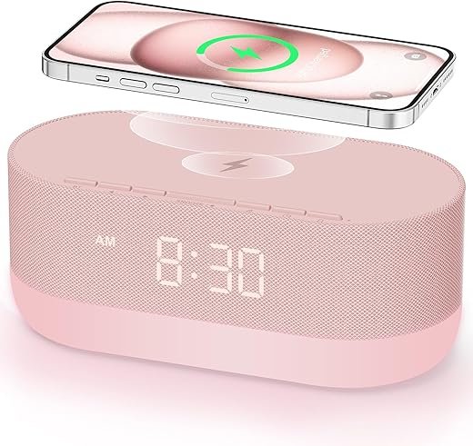 HOUSBAY Sound Machine with Alarm Clock for Bedrooms, Dual Speakers, 21 HiFi Sounds, 10W Wireless Charger, Unlimited Sound, Bluetooth, 10 Night Light, White Noise Machine for Sleeping, Pink