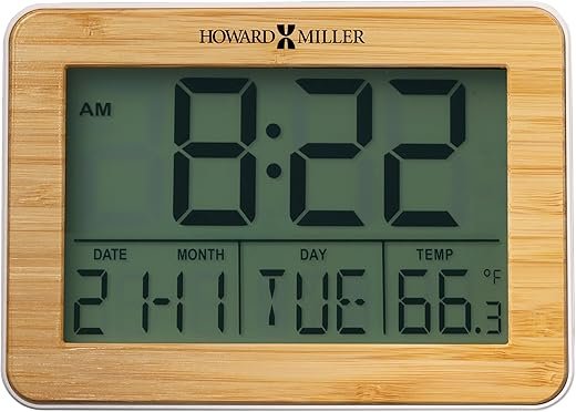 Howard Miller Bamboo Frame Alarm Clock, Battery Operated White LCD Illuminated Screen All-in-One Display Foldable Stand, Sturdy Wooden Material Best Alarm Clock for Home Decor & Office