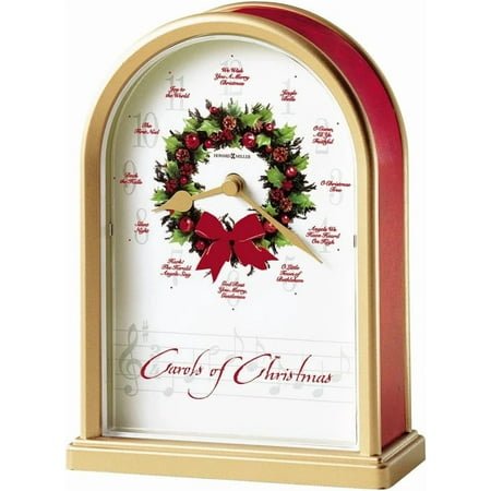 Howard Miller Carols of Christmas II Tabletop Clock – Exclusive Satin Brass Holiday Decor & Chiming Christmas Music Clock with 12 Classic Carols Festive Wreath Design Battery Operated Home Decor