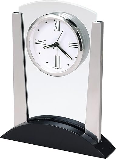 Howard Miller Denham Tabletop Clock – Contemporary Alarm Clock with Arched Glass Panel Silent Sweep Quartz Movement Roman Numeral Dial Satin Finish Best for Office and Home Decor