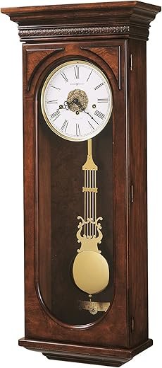 Howard Miller Earnest Wall Clock, Wooden Finish with Mechanical Key-Wound Chime Movement Roman Numerals, Rare Olive Ash Burl Overlays Alarm Home Decor Timepiece for Living Room & Office