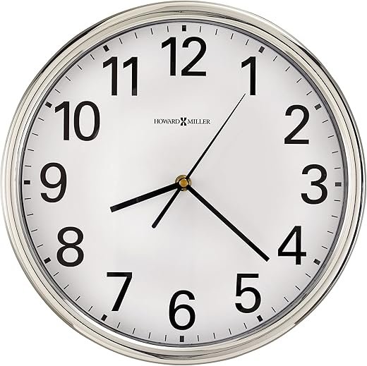 Howard Miller Hamilton Wall Clock, Silver Finished Classic Round Design Quartz Movement, Battery Powered White Dial with Black Numerals Perfect for Home Decor, Office & Living Room