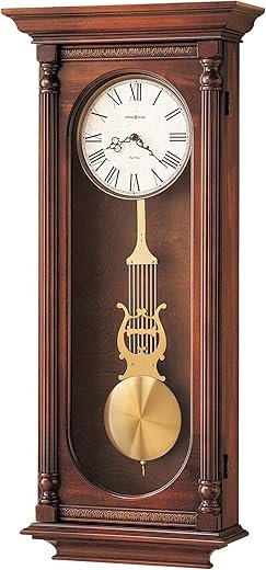 Howard Miller Helmsley Wall Clock - Traditional Pendulum Clock with Brass Finished Bezel, Westminster & Ave Maria Chimes, Wooden Finish Lyre Pendulum, Quartz Movement & Battery Operated