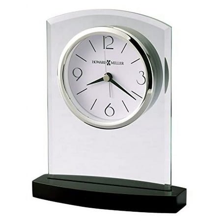 Howard Miller Landre Table Clock 645-841 – Black Satin Wooden Base, Beveled Glass Arch Frame, Black Arabic Numerals, Felt-Covered Bottom, Battery-Operated Alarm Clock, Modern Clock