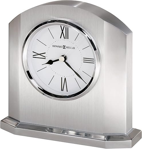 Howard Miller Lincoln Tabletop Clock – Sleek Silver Desk Clock with Alarm, Polished Aluminum Case, Contemporary Roman Numerals, Battery Operated Quartz Movement for Home or Office Décor
