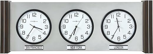 Howard Miller Sienna Wall Clock, Ebony Finish 3 White Analog Dial with Different Time Zone, Battery-Operated Quartz Movement Convex Glass Modern Decor for Home, Office & Living Room