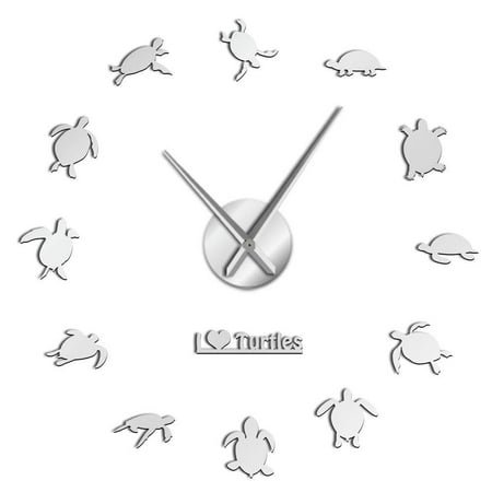 I Love Turtles Silhouettes Frameless Wall Clock Stickers, DIY Modern Decorative Clocks for Living Room, Bedroom, Office - Easy to Install, Large 3D Clock Design (Silver,27in)