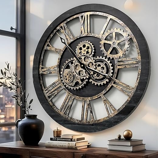ImprovingLife The Gears Clock The Original Real Moving Gear Wall Clock Vintage Industrial Oversized Rustic Farmhouse (24 inch (60cm), Vintage Black Wood and Bronze)