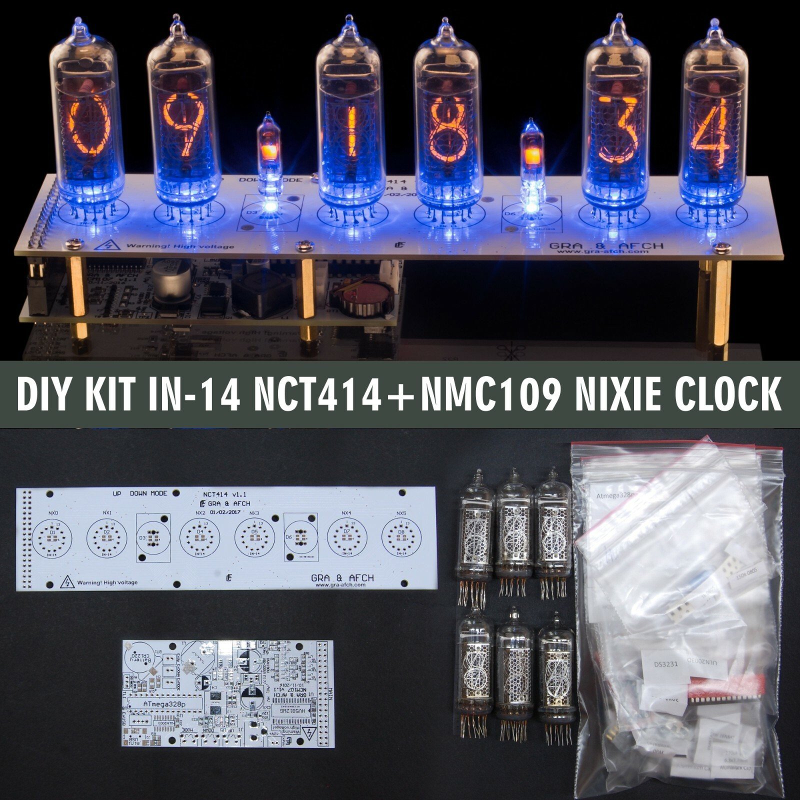 IN-14 DIY KIT Nixie Tubes Clock LED RGB USB Musical 12/24 Hour Form - WITH TUBES