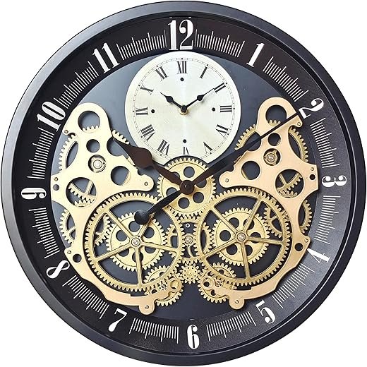 Industrial Wall Clock, Non-Ticking Vintage Moving Gear Battery Operated Original Antique Steampunk Decor Metal Clock for Living Room, Farmhouse, Home Kitchen (Gold-Black, 18 Inch)
