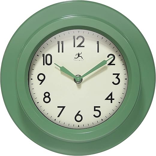 Infinity Instruments 9.75 Inch Retro Escape Midcentury Modern Indoor Round Non-Ticking Silent Battery Operated Easy to Read Wall Clock for Living Room, Bedroom, Kitchen, Home Office, Green