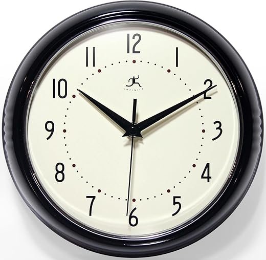 Infinity Instruments LTD. Retro 9 inch Silent Sweep Non-Ticking Mid Century Modern Kitchen Diner Wall Clock Quartz Movement Retro Wall Clock Decorative (Black)
