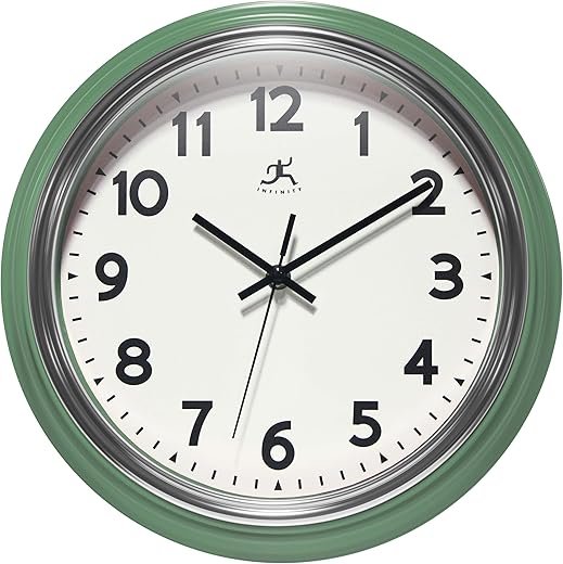 Infinity Instruments Retro 12 Inch Round, 1950's Vintage Style, Easy to Read, Silent Ticking, Quartz Movement, Battery Operated, Indoor Use - Wall Clocks for Kitchen, School, Living - Green
