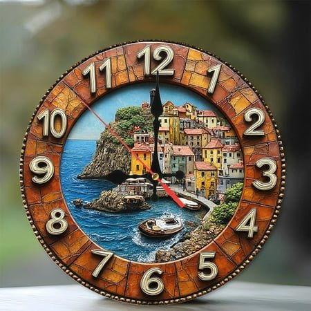 Italian Coastal Town Mosaic Wall Clock 10-Inch Silent Wooden Wall Clock, Battery Operated (AA Batteries Not Included), Artistic Home Decor