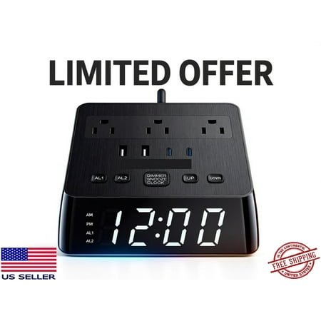 JACKY LED Alarm Clock with USB Ports & AC Outlets, Surge Protector, Dual Alarm, Dimmable LED Display, Snooze, Battery Backup, 5ft Power Cord
