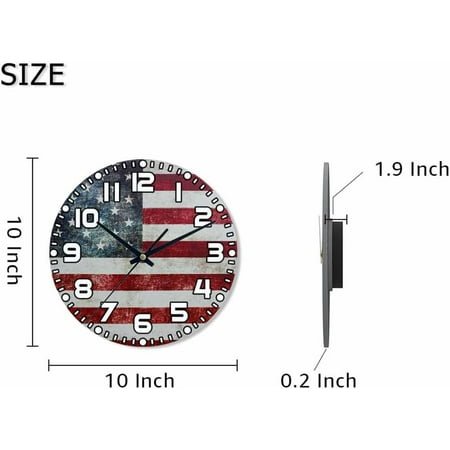 JINYUN-American Flagindependence Day Wall Clock 10 inch Round Silent Non Ticking Wood Wall Clocks Battery Operated Easy to Read Decorative Wall Clock for Bedroom Kitchen Living Room Bathroom