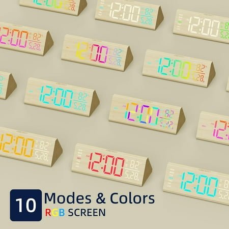 JINYUN-Solid Wood Digital Alarm Clock for Bedroom - 8.8 Inch Large Display for Living Room, See Time Instantly! Multicolor Backlight Time Display, Dual Alarms, Date/Temp/Day, DST, Snooze (Bamboo)