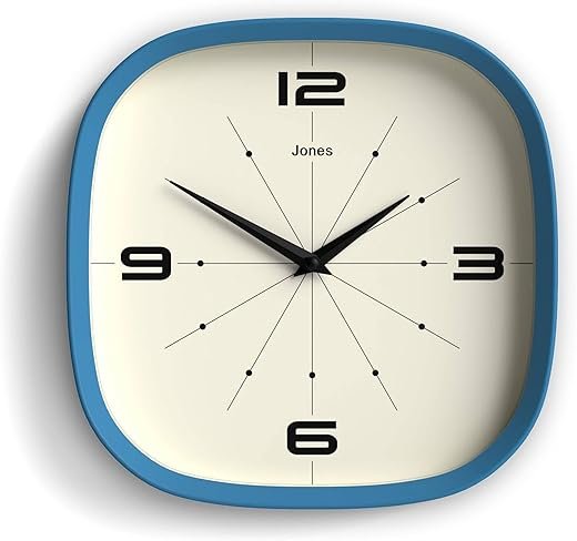 JONES CLOCKS® Pulsar Wall Clock | Square Rounded Retro Clock | 10 inch | Blue | Cool Designer Look for Kitchen, Living Room or Office