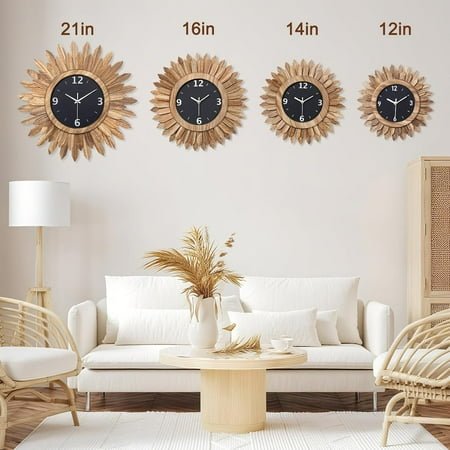 JUNCHI-14 Inch Wall Clock, Rustic Wood Boho Sunburst Decorative Wall Clocks Battery Operated Silent Non Ticking Farmhouse Small Wall Clocks for Living Room Kitchen Bedroom Home Decor (Rustic Brown)