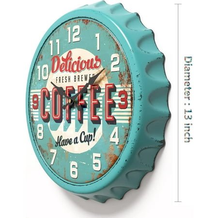 JUNCHI-Bottle Cap Design Iron Retro Wall Clock, 13 inch Vintage Style, Silent Non-Ticking Battery Operated Creative Decor Wall Clocks for Cafes,Farmhouse,Office,Kitchen (Blue)