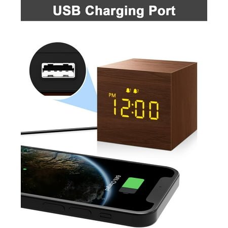 JUNCHI-Digital Alarm Clock, with Wooden Electronic LED Time Display, 3 Alarm, 2.5-inch Cubic Small Mini Wood Made Electric Clocks for Bedroom, Bedside, Desk, Brown