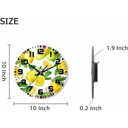 JUNCHI-Lemon Wall Clock 10 inch Round Green Leaf Lemon Pattern Silent Non Ticking Wood Wall Clocks Battery Operated Easy to Read Decorative Wall Clock for Bedroom Kitchen Living Room Bathroom