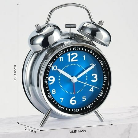 JUNCHI-Loud Alarm Clock for Heavy Deep Sleepers, 4.5 Inches Analog Metal Twin Bell Clocks Battery Operated with Backlight for Bedroom Beside, Old Fashioned for Home Desk Decoration(Blue)